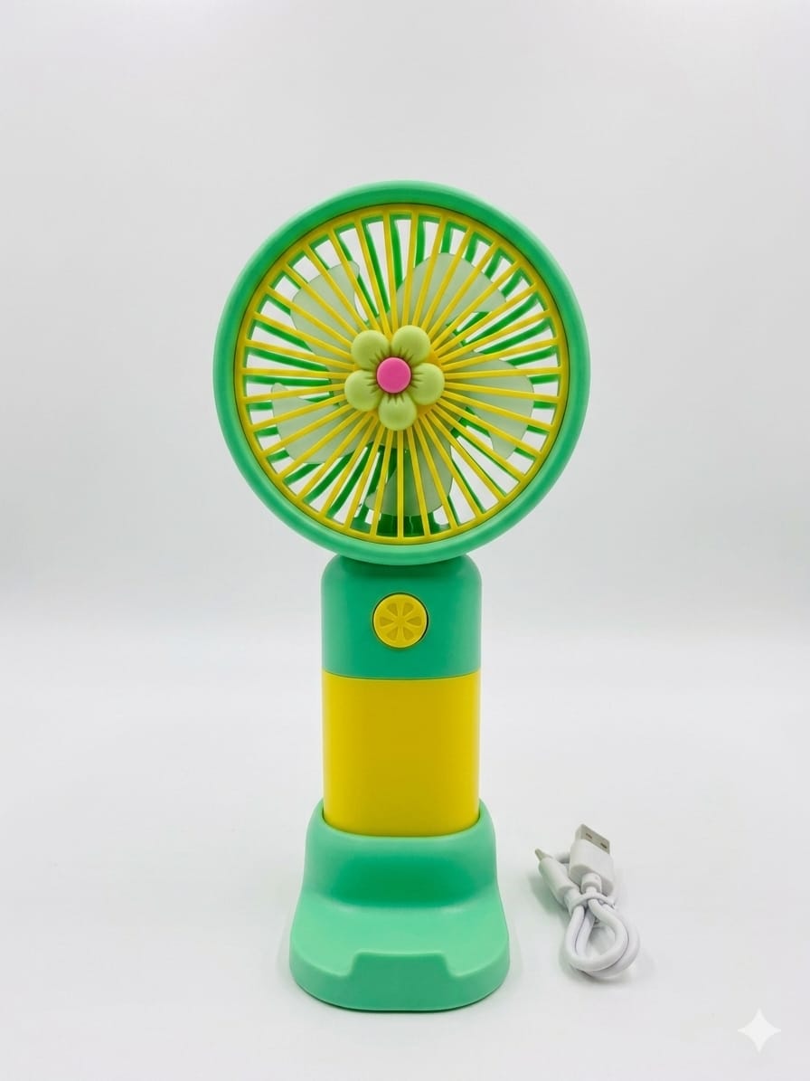 Green and yellow handheld fan with a flower design on a white background
