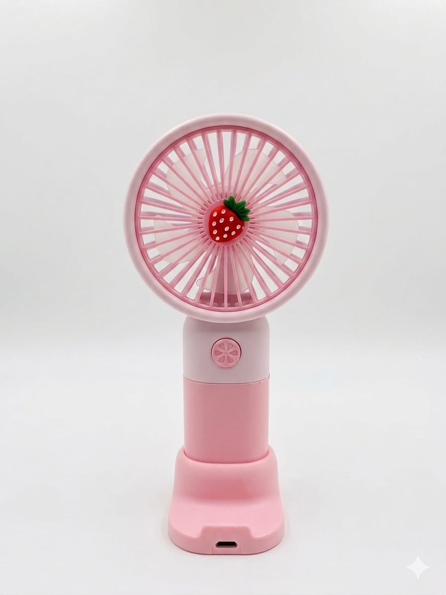 Pink handheld fan with a strawberry design on a white background