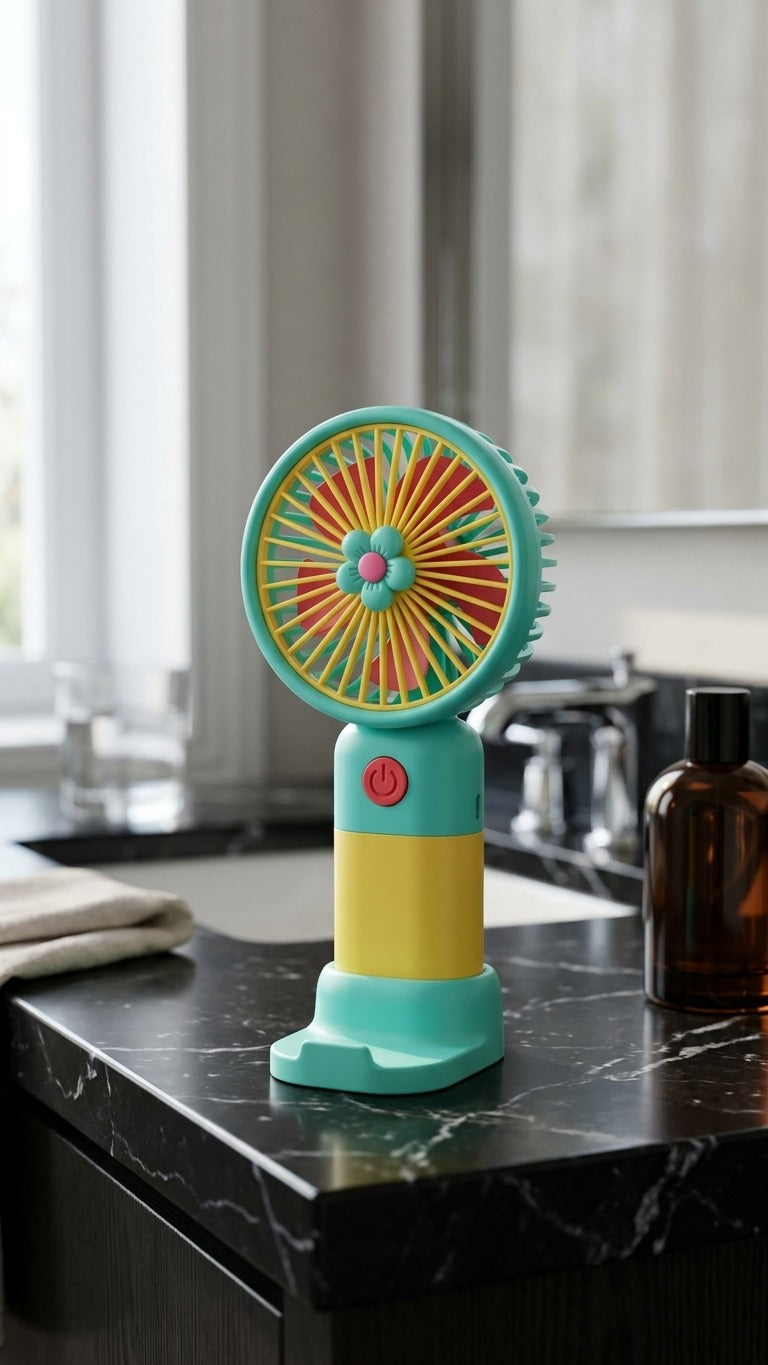 Colorful handheld fan on a kitchen counter with blurred background