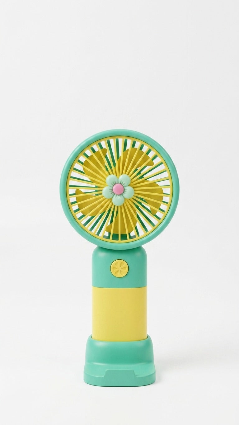 Handheld fan with green and yellow design on a white background