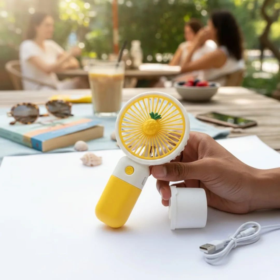 Handheld fan with pineapple design held by a hand on a table outdoors.
