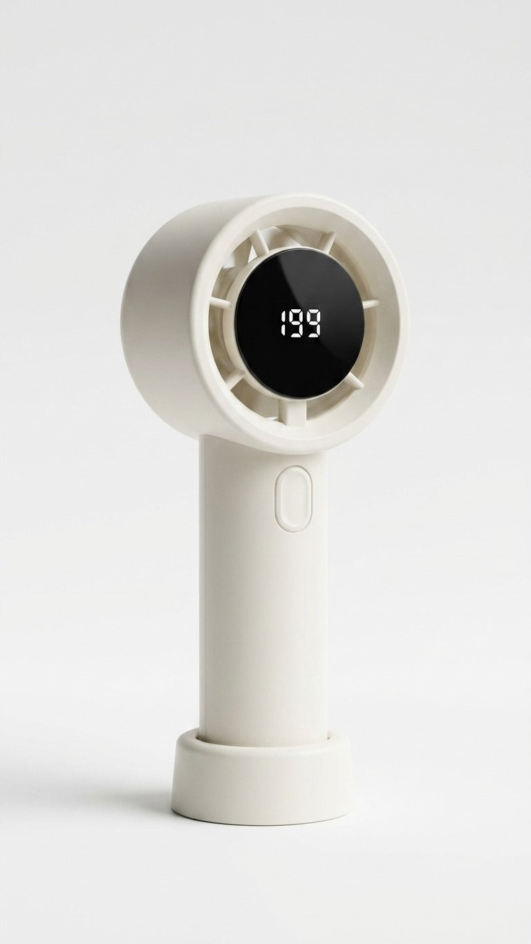 White handheld device with digital display on a light gray background