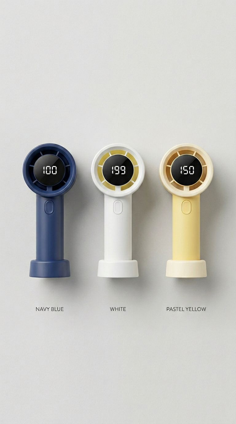 Three handheld temperature gauges in navy blue, white, and pastel yellow on a light gray background.