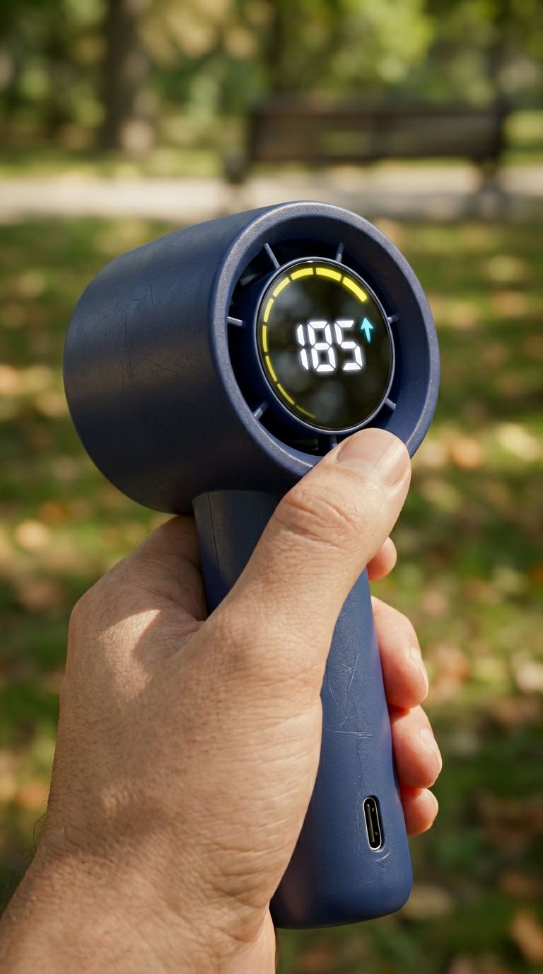 Hand holding a black device with a digital display showing temperature, against a blurred outdoor background.