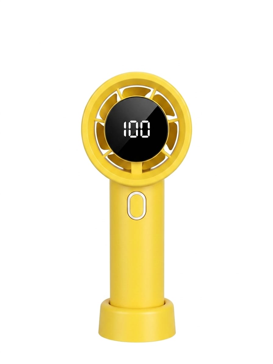 Yellow handheld device with digital display on a white background