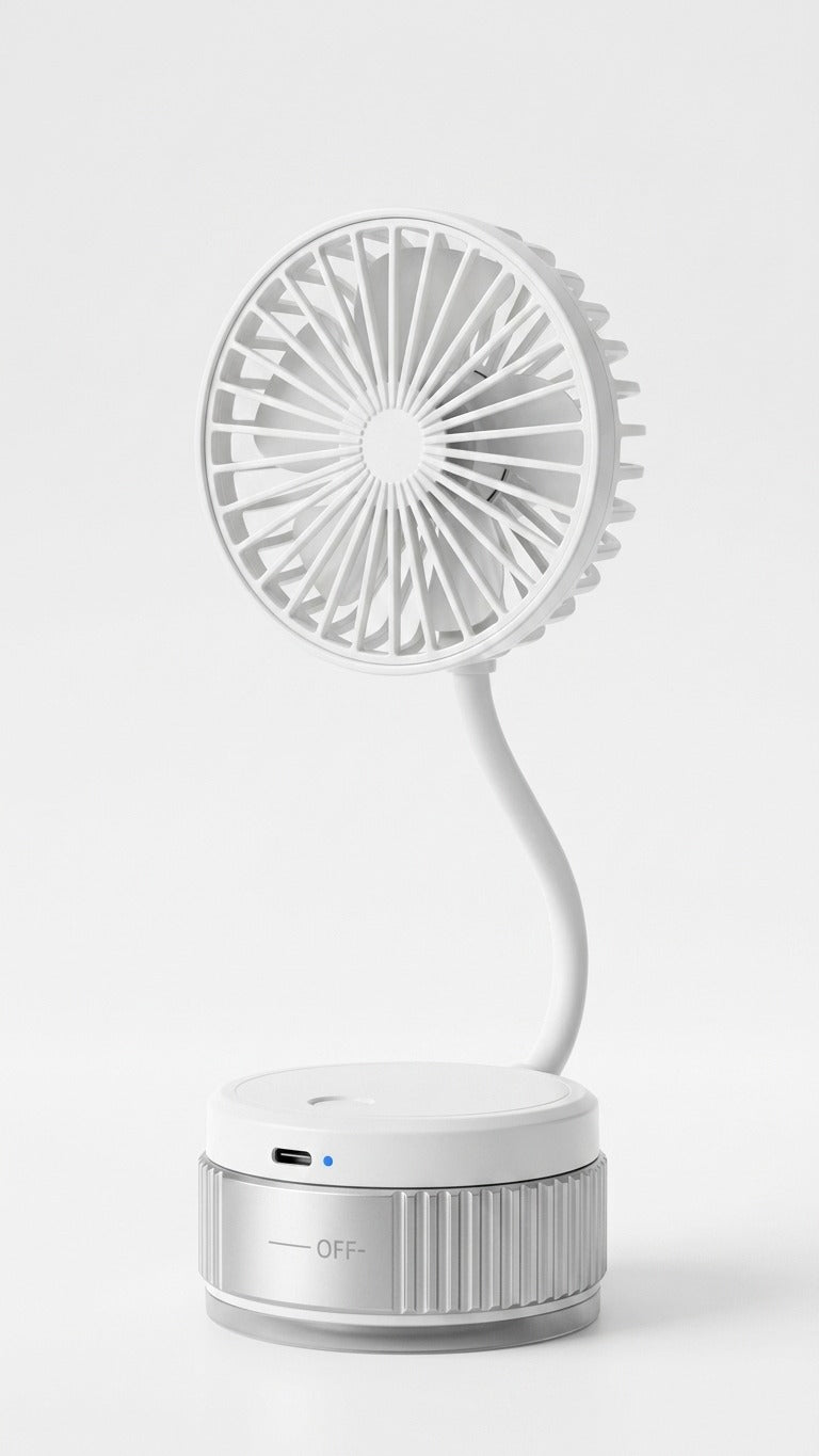 White handheld fan on a light gray background
