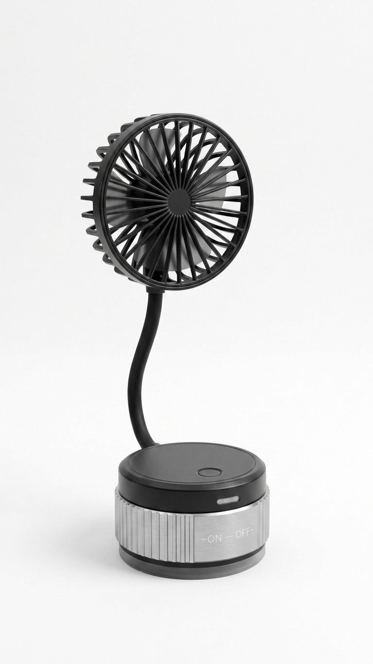 Black and silver portable fan on a white background