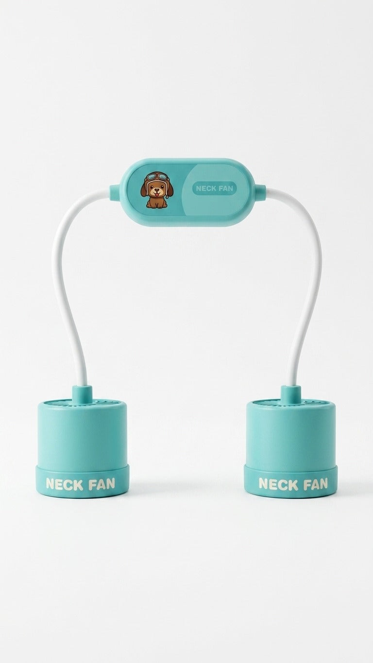 Turquoise neck fan with a dog icon on a white background