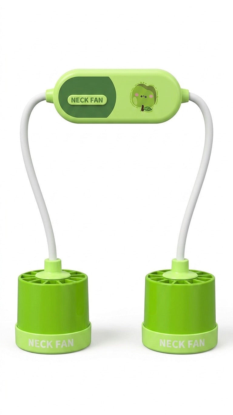 Green neck fan with white cables on a white background