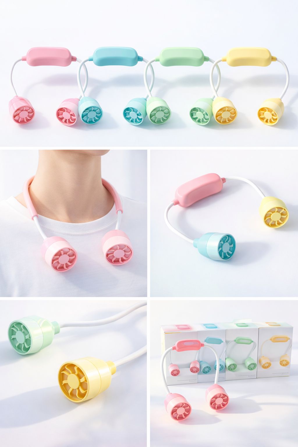 Colorful baby teething toys with a person wearing one and a box in the background.