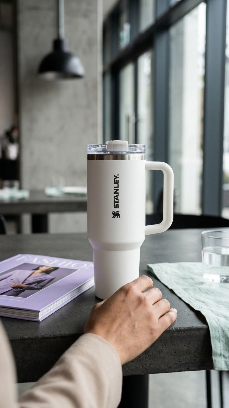 White Stanley mug on a table with a blurred background