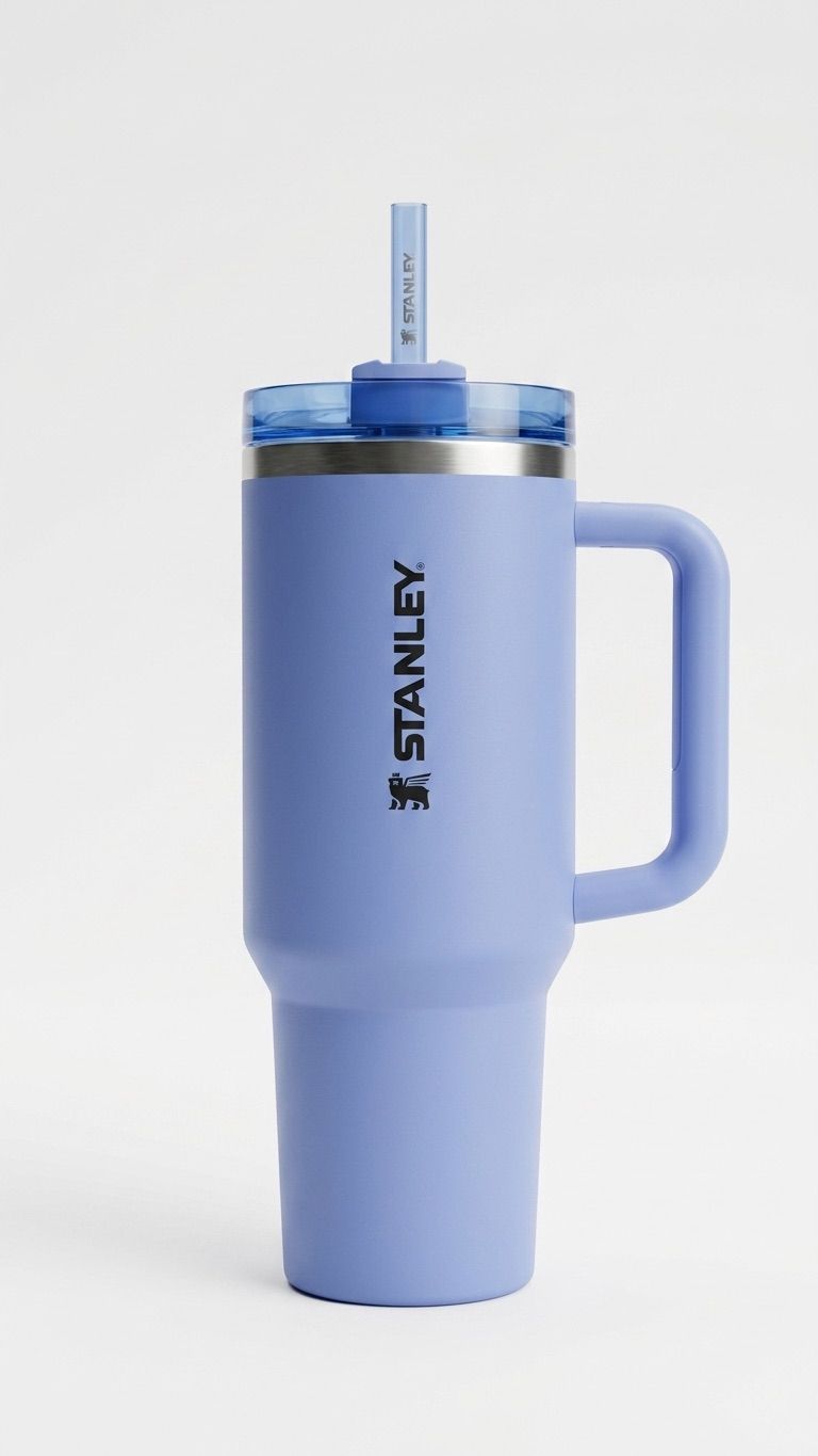 Blue Stanley mug with handle and straw lid on a white background