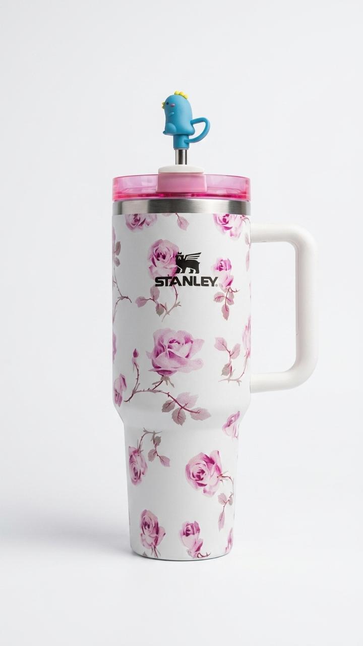 Stanley mug with floral design on a white background