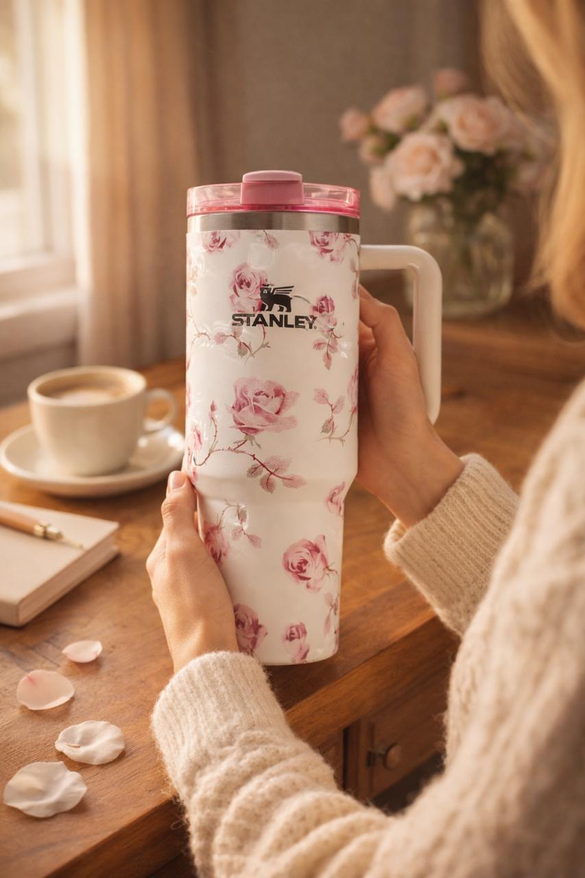 Person holding a floral-patterned Stanley tumbler on a wooden table with a cup and notebook.