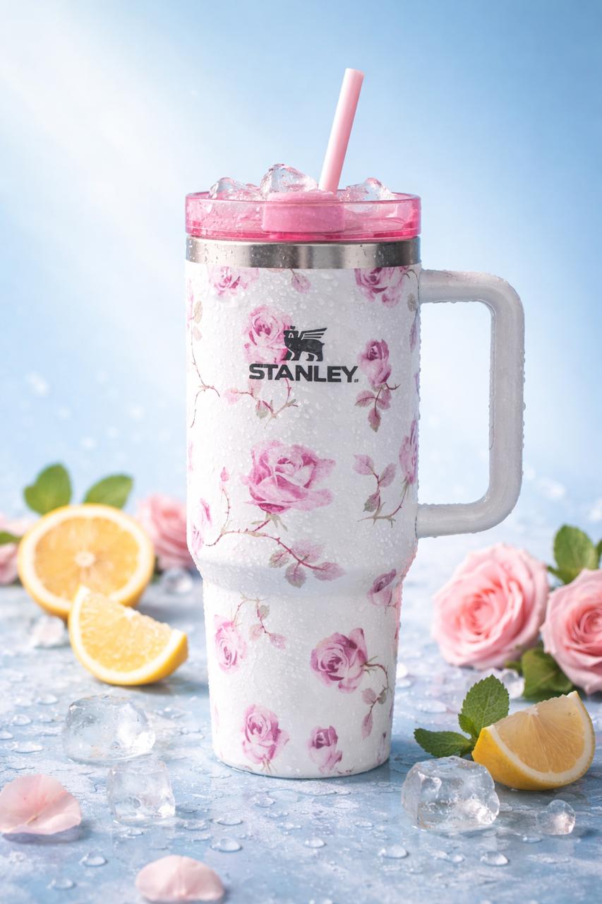 Floral-patterned Stanley mug with pink lid and handle on a light blue background with flowers and lemon slices.