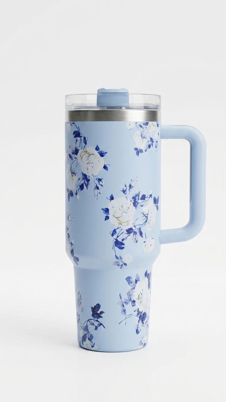 Blue floral-patterned mug with handle on a white background