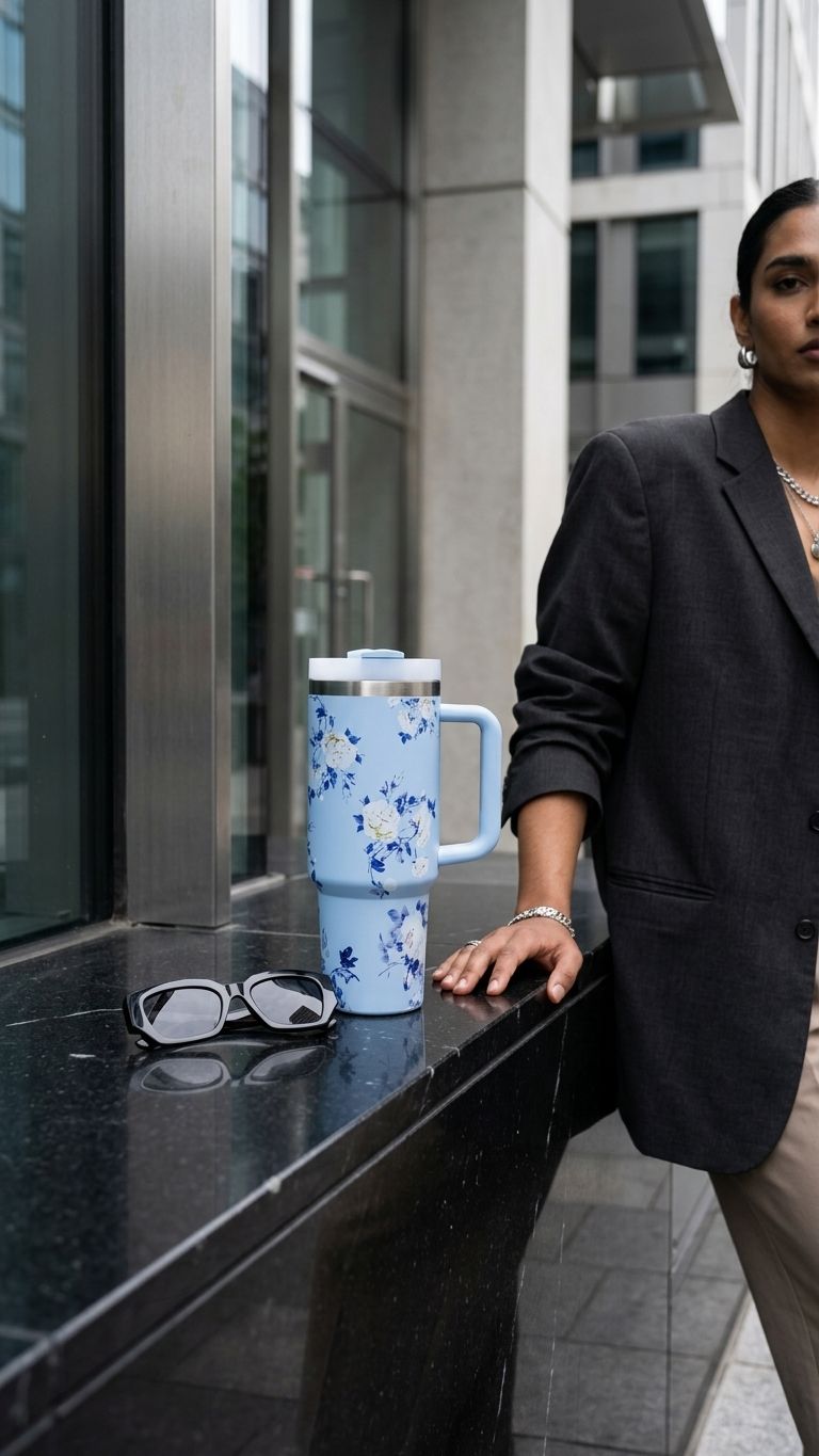 Woman in a suit standing next to a blue floral mug on a ledge with a cityscape background