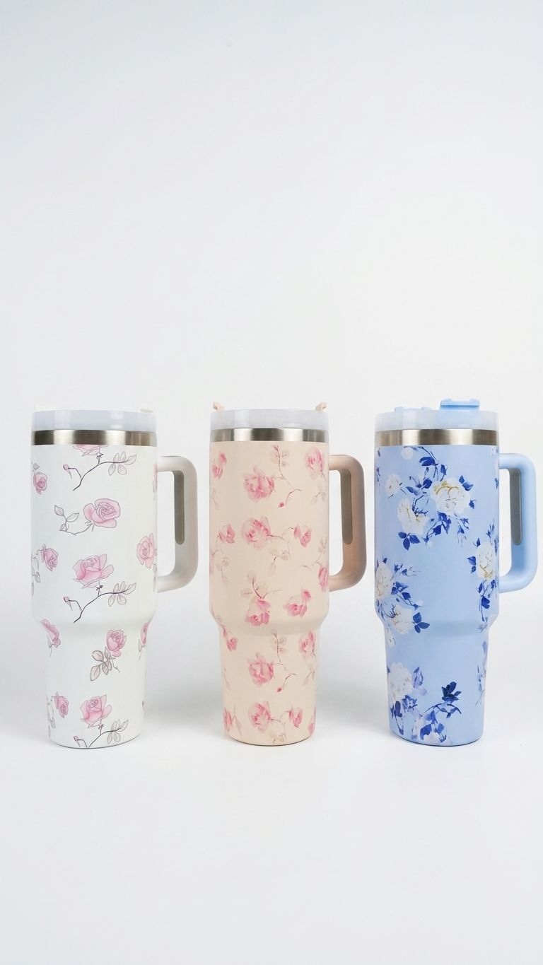 Three floral-patterned tumblers on a white background