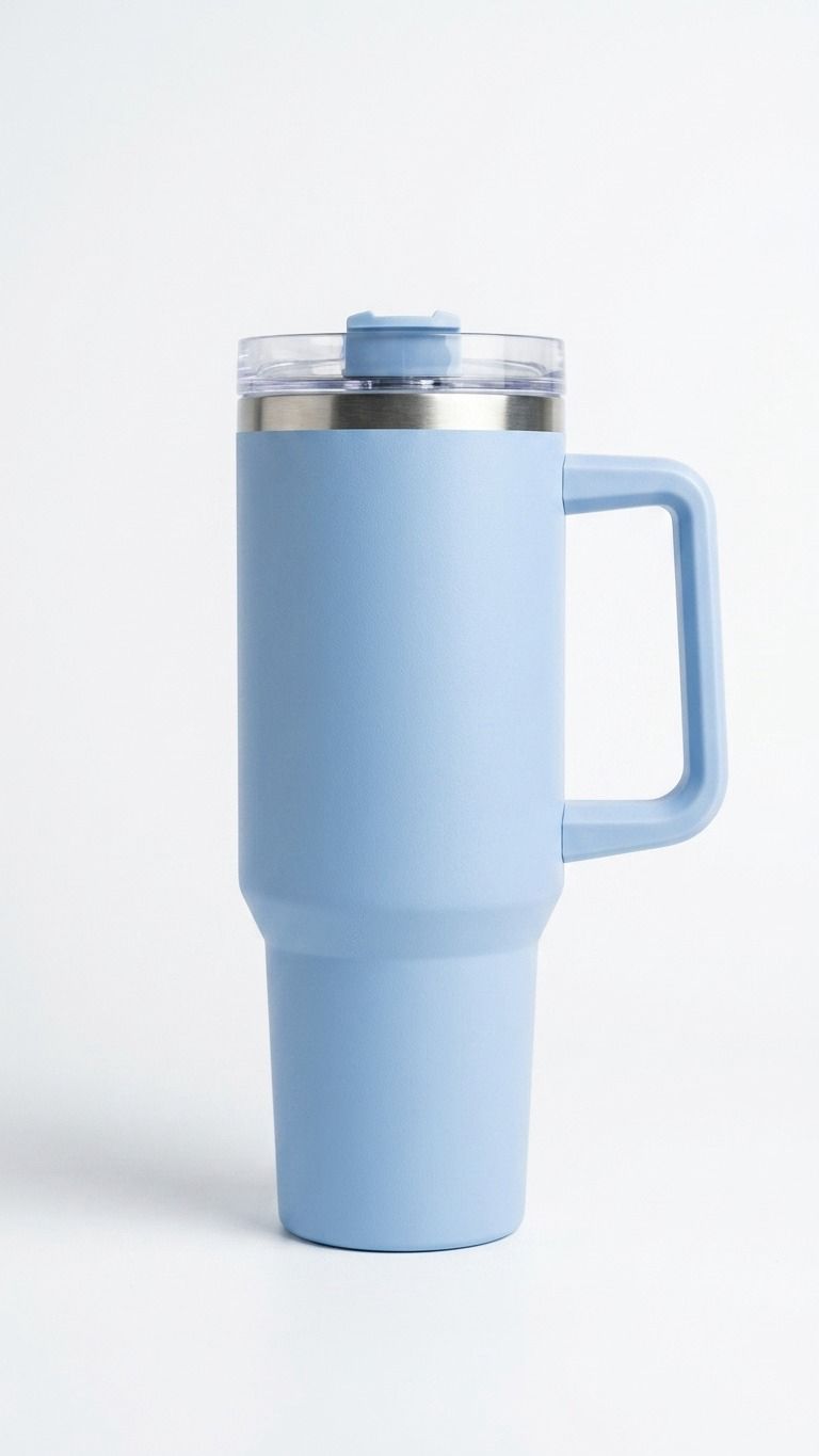 Light blue travel mug with a handle on a white background