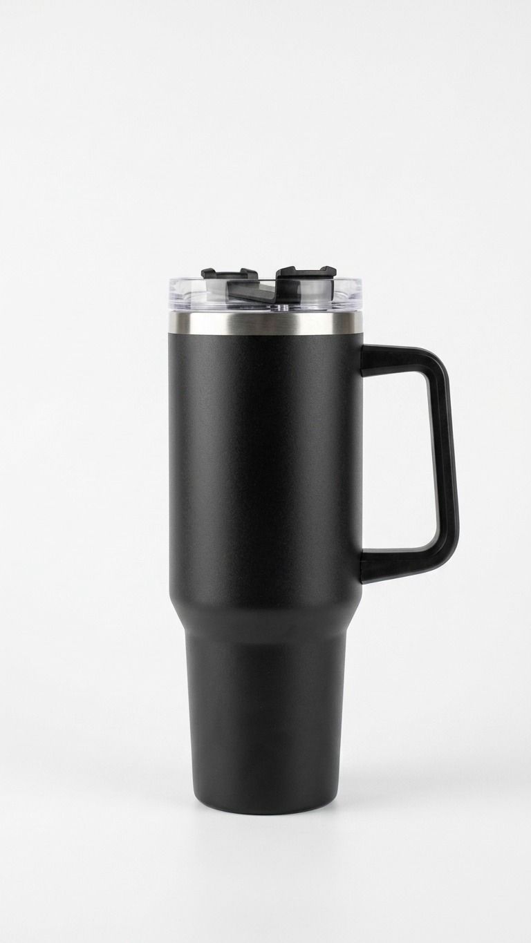 Black insulated travel mug with handle on a white background