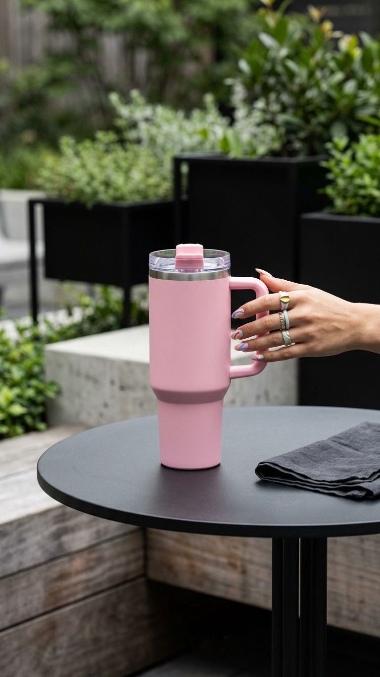 Person holding a pink insulated tumbler on a black table outdoors.