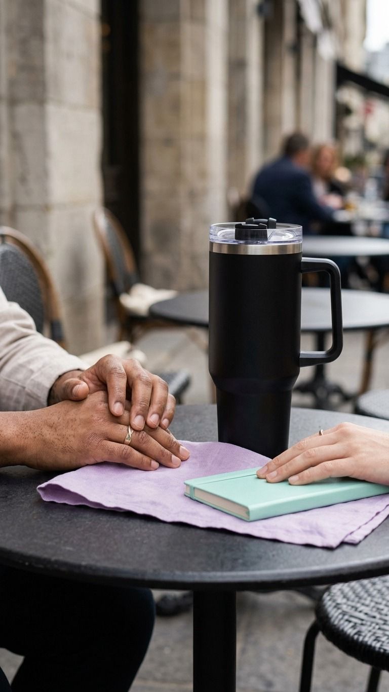 Two people holding hands over a table with a mug and notebook in an outdoor setting.