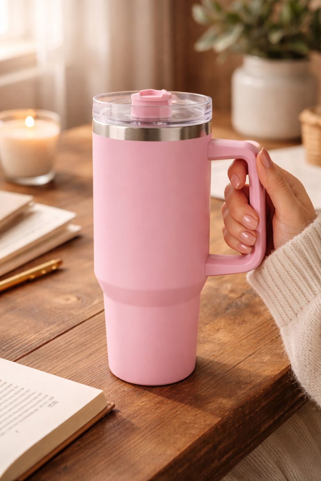Pink travel mug held by a hand on a wooden surface with a candle and book in the background.