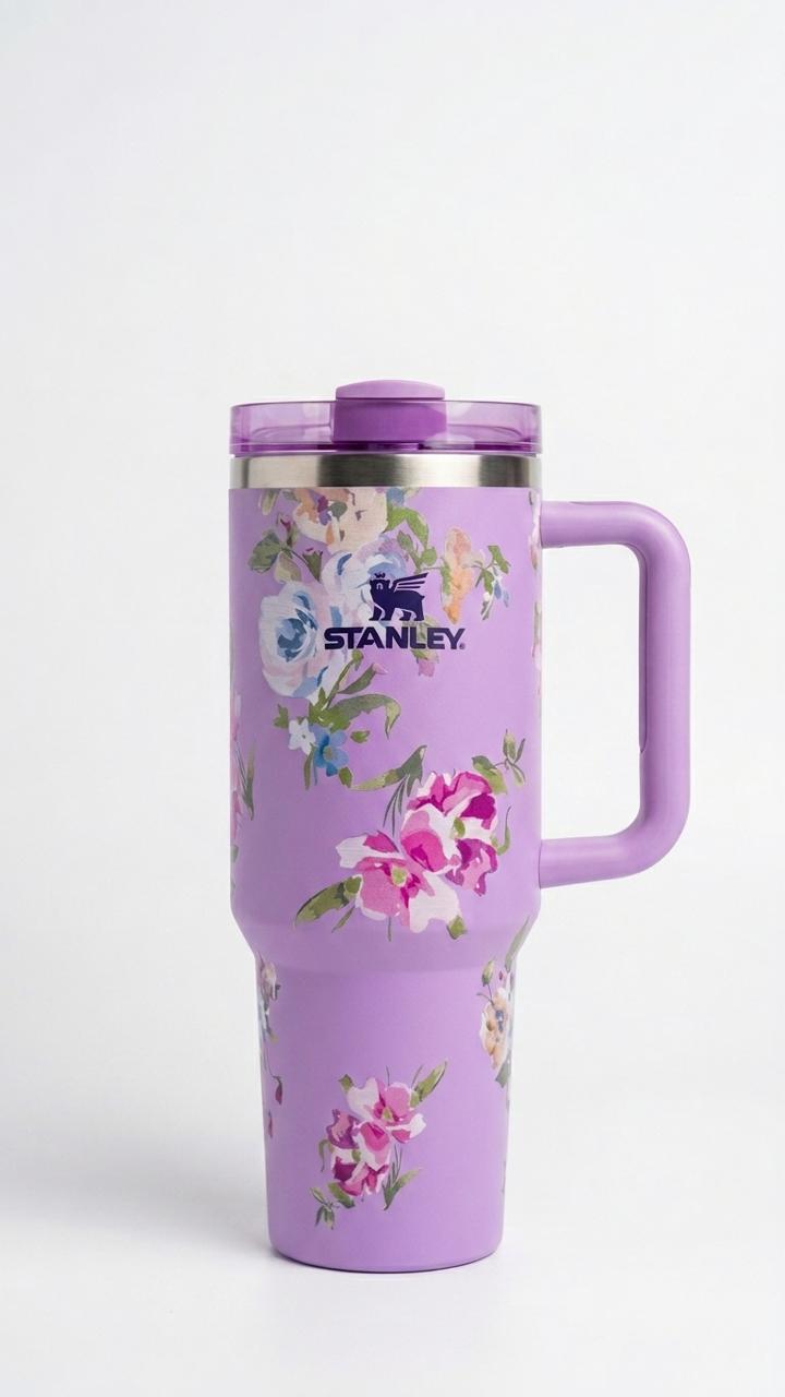 Purple Stanley tumbler with floral design on a white background