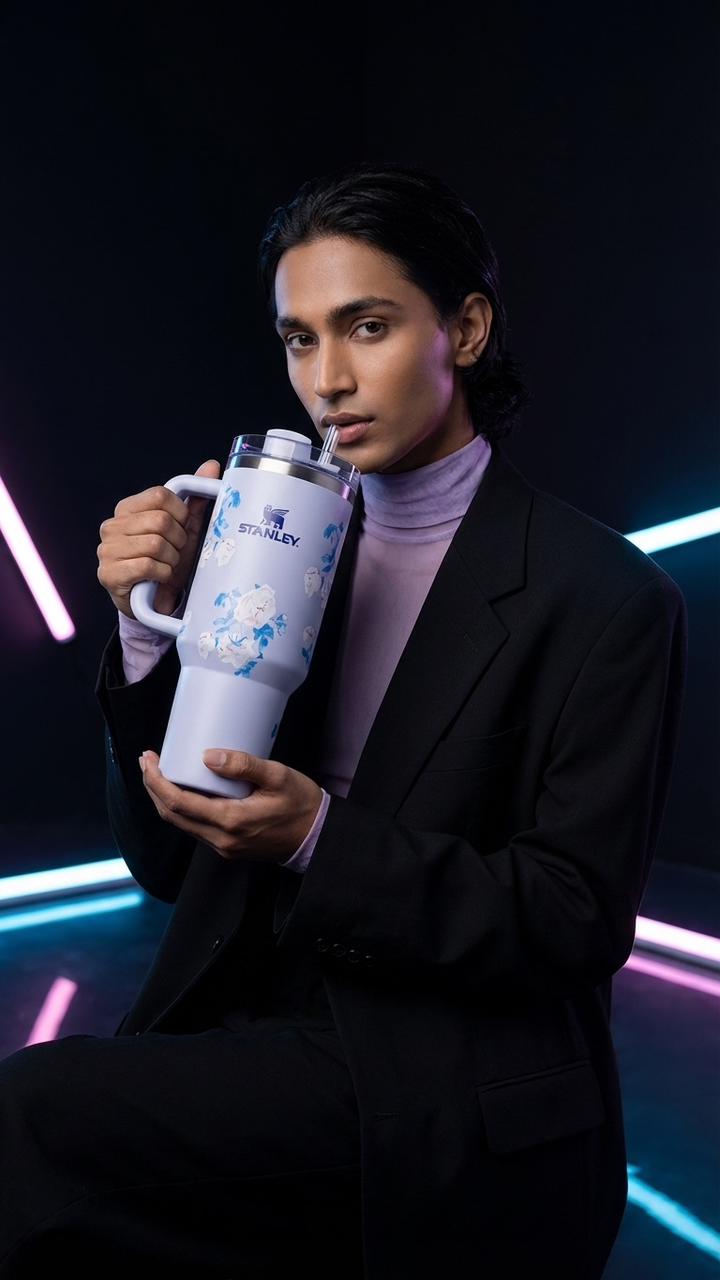 Person holding a branded mug against a dark background with neon lights